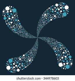 Ball Fireworks Swirl With Four Petals vector illustration. Style is blue and white bicolor flat circles, dark blue background.