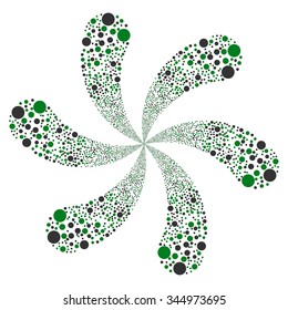 Ball Fireworks Swirl With Six Petals 01 vector illustration. Style is green and gray bicolor flat circles, white background.