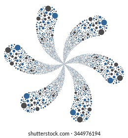 Ball Fireworks Swirl With Six Petals 01 vector illustration. Style is cobalt and gray bicolor flat circles, white background.