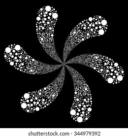 Ball Fireworks Swirl With Six Petals 01 vector illustration. Style is white flat circles, black background.