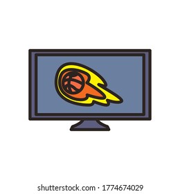 Ball with flame on tv line and fill style icon design, Basketball sport hobby competition and game theme Vector illustration