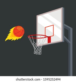 the ball flies into a basketball basket with great force. flat vector illustration