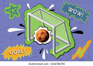A ball flies into the gate. Scoring goal. Lilac background in pop art style, retro, comic