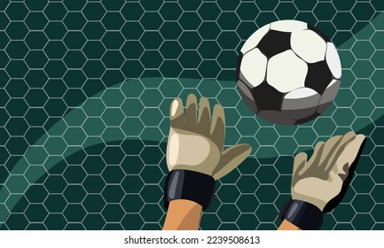 The ball flies into the goal. Gloves catch the ball. The grid is white on a blue background. Football game and goal. The topic of football. The movement of the ball along the line. Print banner, flyer