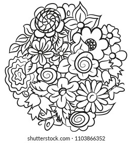 Ball of flowers. Black-white. Vector illustration.