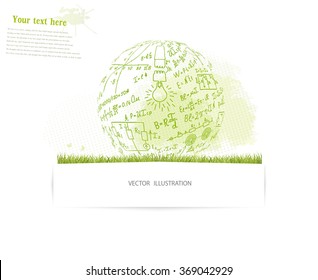 The ball in the form of mathematical equations and formulas on the green grass. Vector illustration modern design template. Doodle. Insert the text.