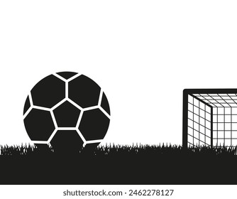 The ball is in front of the goal on a grass football field. Soccer ball on the grass. EPS 10.
