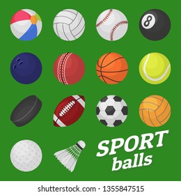 Ball Game Set. Sport And Games Kids Ball For Volleyball Baseball Tennis Football Soccer Bambinton Hockey Basketball Rugby Balls Vector Collection