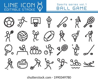 Ball game vector icon set. Editable line stroke.