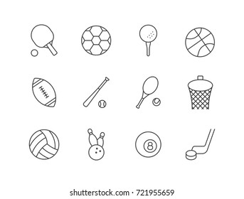 Ball games, sports related line icons set with ping pong, tennis, soccer, golf, basketball, American football, baseball, volleyball, bowling, pool, hockey.