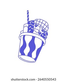 Ball of gelato ice cream in cup. Icon of decorated sorbet with waffle. Icecream with wafer, berries. Sundae, frozen milk dessert, cold summer food. Flat isolated outline vector illustration on white
