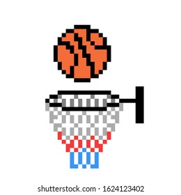 Ball Going Into Hoop, Pixel Art Basketball Icon Isolated On White Background. 8 Bit Team Sport Logo. Old School Vintage Retro Slot Machine/video Game Graphics.