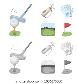 A ball with a golf club, a bag with sticks, gloves, a golf course.Golf club set collection icons in cartoon, monochrome style vector symbol stock illustration web.