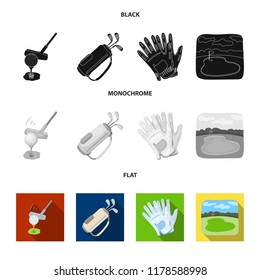 A ball with a golf club, a bag with sticks, gloves, a golf course.Golf club set collection icons in black, flat, monochrome style vector symbol stock illustration web.