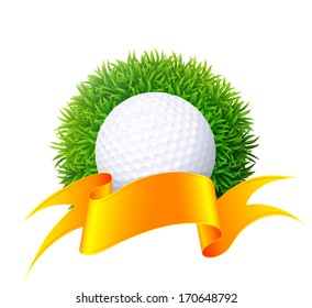 Ball for golf on green grass with gold ribbon. Isolated on white background. Vector illustration.