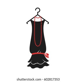 Ball gown female black in vintage style 1920's on a hanger. Retro fashion vector illustration isolated on white background.