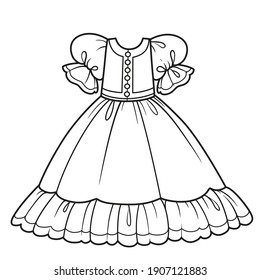 Ball gown with fluffy skirt for princess outfit outline for coloring on a white background