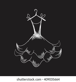 ball gown hand drawing sketch female monochrome short on a hanger on a black background