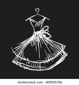 ball gown hand drawing sketch female monochrome short on a hanger on a black background