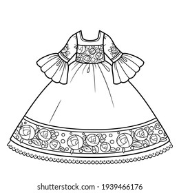 Ball gown with lush skirt and rose embroidery for princess outfit outline for coloring on a white background