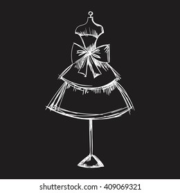  a ball gown monochrome mannequin hand drawing illustration on a black background