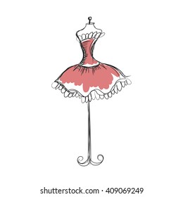  a ball gown pink mannequin hand drawing illustration on a white background