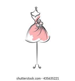 a ball gown pink mannequin hand drawing illustration on a white background
