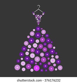 ball gown purple flowers on a hanger on the black background