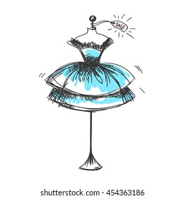 ball gown short mannequin hand drawing illustration on a white background