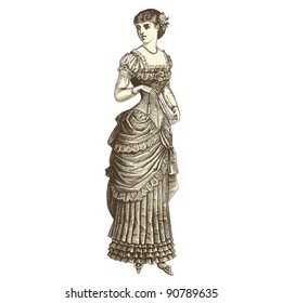 Vestido de baile - Ilustração gravada vintage - “La mode illustree” por Firmin-Didot et Cie em 1882 França