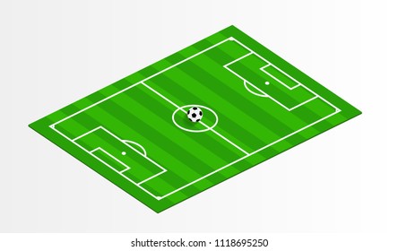 Ball in green soccer field. Football stadium isolated on white background. Vector illustration.
