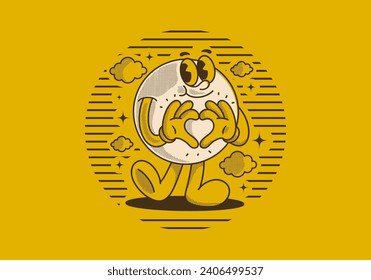 Ball head character with happy face, hands forming heart sign