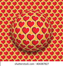 Ball with a hearts pattern rolling along the red hearts surface. Abstract vector optical illusion illustration. Romantic background and tile of seamless wallpaper.