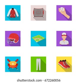 Ball, helmet, bat, uniform and other baseball attributes. Baseball set collection icons in flat style vector symbol stock illustration web.