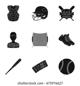 Ball, helmet, bat, uniform and other baseball attributes. Baseball set collection icons in black style vector symbol stock illustration web.