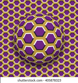 Ball with a hexagons pattern rolling along the hexagons surface. Abstract vector optical illusion illustration. Motley background and tile of seamless wallpaper.