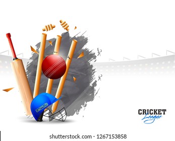 Ball hitting the wicket stumps with illustration of other equipments on stadium background. Cricket League poster or banner design.