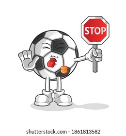 ball holding stop sign cartoon. cartoon mascot vector