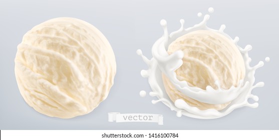 Ball Of Ice Cream And Splash Of Milk. 3d Realistic Vector