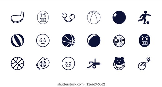 Ball icon. collection of 18 ball filled and outline icons such as baby toy, plastic ball, football player, cannon, angry emot, bomb. editable ball icons for web and mobile.