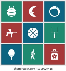 Ball icon. collection of 9 ball filled icons such as paintball, baseball player, goal post, baby toy, sphere. editable ball icons for web and mobile.