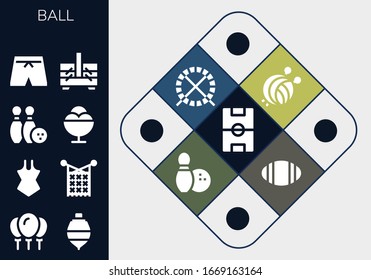 Ball Icon Set. 13 Filled Ball Icons. Included Football Field, Balloons, Spinning Top, Swimsuit, Knit, Bowling, Ice Cream, Sewing Box, Yarn Ball, Hamster Rugby Icons