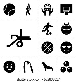 Ball icon. set of 13 filled ballicons such as seal, angry emot, emot in love, holding globe, baseball player, basketball basket, football player, tennis ball, canon ball