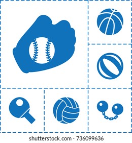 Ball icon. set of 6 ball filled icons such as baseball glove, volleyball, table tennis
