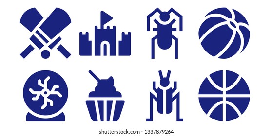ball icon set. 8 filled ball icons.  Collection Of - Crystal ball, Cricket, Ice cream, Sand castle, Basketball, Beach