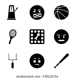 ball icon. Set of 9 ball filled icons such as angry emot, board game, goal post, tennis rocket, baseball bat, basketball