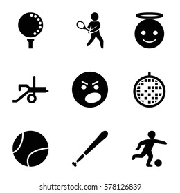 ball icon. Set of 9 ball filled icons such as emoji angel, angry emot, disco ball, tennis playing, golf ball