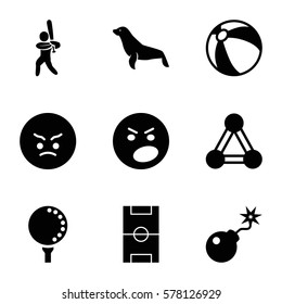 ball icon. Set of 9 ball filled icons such as connection, seal, beach ball, angry emot, bomb