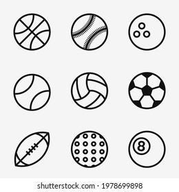 Ball icon set. Set of balls for sport, activity and game. Ball pictogram isolated on white background. Sport equipment. Vector illustration