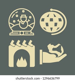 ball icon set with christmas fireplace, snow globe and globe vector illustration